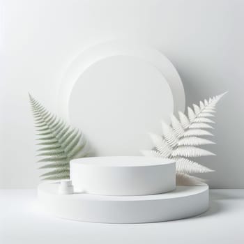 Modern white podium with green and white ferns, ideal for product display, set against a white background