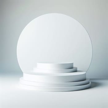 A 3D of a sleek, white circular pedestal with three steps, set against a soft light blue background