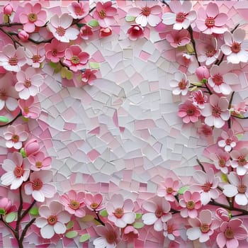 And an aerial view of the pink and white mosaic decorated with pink cherry blossoms. A place for its own content. Flowering flowers, a symbol of spring, new life. A joyful time of nature waking up to life.