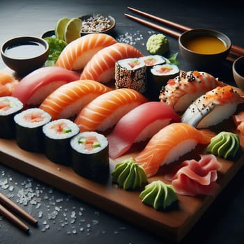 Assorted fresh sushi set on a dark table with condiments, close-up