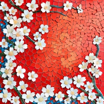 And a top view of the red mosaic decorated with white cherry blossoms. A place for its own content. Flowering flowers, a symbol of spring, new life. A joyful time of nature waking up to life.