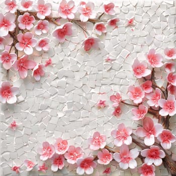 And an aerial view of the pink and white mosaic decorated with pink cherry blossoms. A place for its own content. Flowering flowers, a symbol of spring, new life. A joyful time of nature waking up to life.