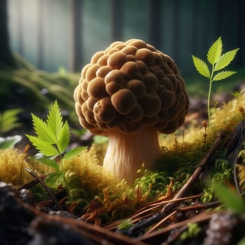 A uniquely shaped truffle mushroom nestled amidst the green foliage of a serene forest setting