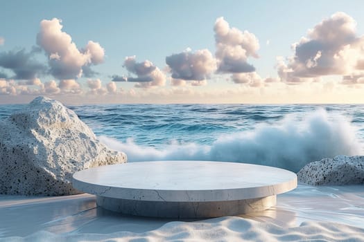 A large white stone platform sits on the beach, overlooking the ocean. The waves crash against the rocks, creating a sense of power and movement. The scene is serene and peaceful