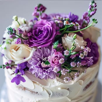Cake with purple and white petal flowers. Flowering flowers, a symbol of spring, new life. A joyful time of nature waking up to life.