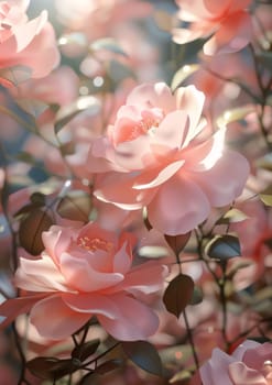 Close-up view of tiny pink rose flowers. Flowering flowers, a symbol of spring, new life. A joyful time of nature waking up to life.