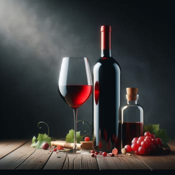 Elegant wine setup with a filled glass, bottles, grapes, and corkscrew on a rustic wooden table against a dark backdrop