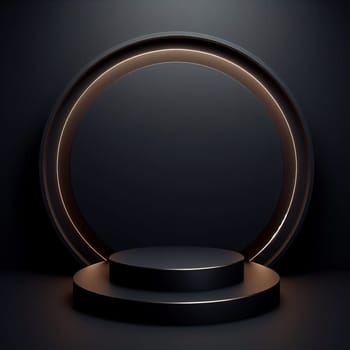 A luxurious black and gold circular stage, featuring a central pedestal, softly lit against a dark background