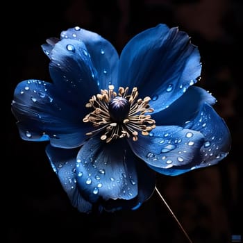 Blue flower with water drops isolated on black background. Flowering flowers, a symbol of spring, new life. A joyful time of nature waking up to life.