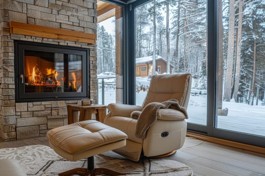 A cozy living room with a fireplace and a white recliner chair. The chair is covered with a blanket and a pillow. The room has a warm and inviting atmosphere