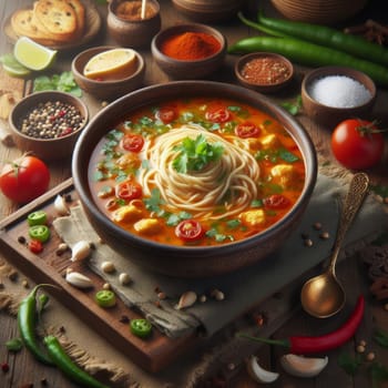 A vibrant bowl of noodle soup garnished with fresh veggies and spices, beautifully presented on a rustic wooden table