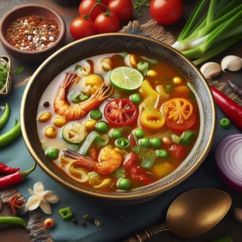 A bowl of vibrant Tom Yum soup, brimming with shrimp, mushrooms, and vegetables, served in a gold bowl against a backdrop of fresh ingredients