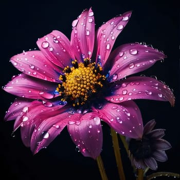 Pink flower with water drops isolated on black background. Flowering flowers, a symbol of spring, new life. A joyful time of nature waking up to life.