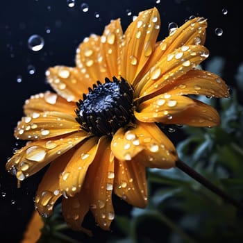 Orange flower with water drops isolated on black background. Flowering flowers, a symbol of spring, new life. A joyful time of nature waking up to life.