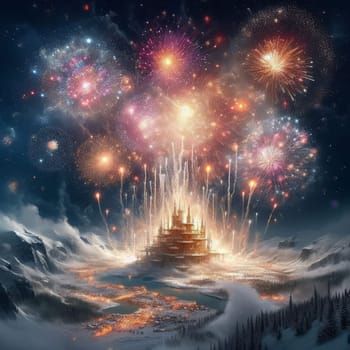 A magical castle amidst a snowy landscape, illuminated by a vibrant display of fireworks in the night sky