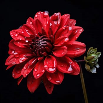 Red dahlia flower with water drops isolated on black background. Flowering flowers, a symbol of spring, new life. A joyful time of nature waking up to life.