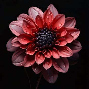 Red dahlia flower with water drops isolated on black background. Flowering flowers, a symbol of spring, new life. A joyful time of nature waking up to life.