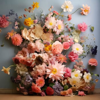Abstract, mixed bouquet of colorful flowers of different kinds and species. Flowering flowers, a symbol of spring, new life. A joyful time of nature waking up to life.