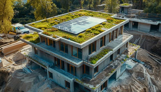 A building with a green roof and solar panels by AI generated image.