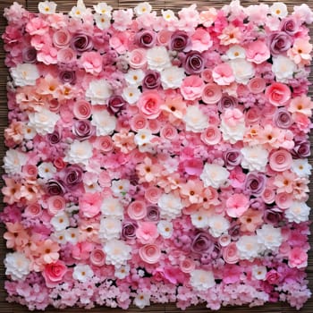 Decorated wall of white, pink and red flower petals, roses. Flowering flowers, a symbol of spring, new life. A joyful time of nature waking up to life.