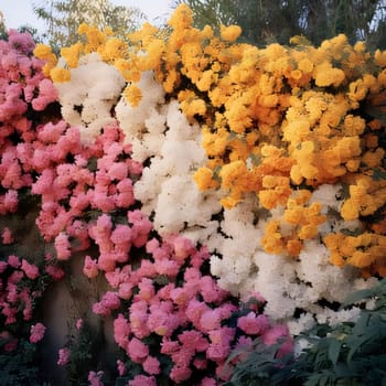 A wall of colorful orange, white and pink flowers. Flowering flowers, a symbol of spring, new life. A joyful time of nature waking up to life.