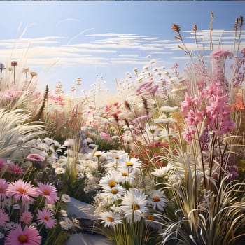 Illustration, view of white daisies and pink flowers in a clearing, day. Flowering flowers, a symbol of spring, new life. A joyful time of nature waking up to life.