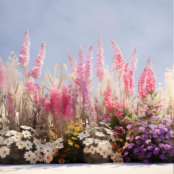 Colorful flowers in the garden of different species. Photo in the daytime. Flowering flowers, a symbol of spring, new life. A joyful time of nature waking up to life.