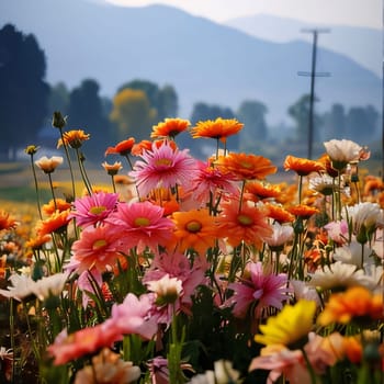 Pink, orange, white flowers in a clearing, smudged background. Flowering flowers, a symbol of spring, new life. A joyful time of nature waking up to life.