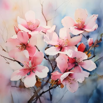 Illustrations painted with watercolor paints pink cherry blossoms. Image. Flowering flowers, a symbol of spring, new life. A joyful time of nature waking up to life.