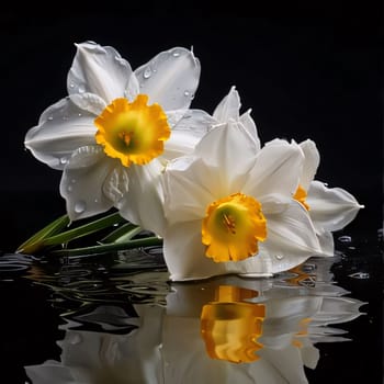 White daffodil flower isolated on black background. Flowering flowers, a symbol of spring, new life. A joyful time of nature waking up to life.