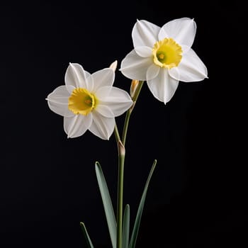 White daffodil flower isolated on black background. Flowering flowers, a symbol of spring, new life. A joyful time of nature waking up to life.