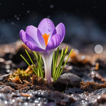 Purple crocuses growing in the middle of the moss in the sunlight. Flowering flowers, a symbol of spring, new life. A joyful time of nature waking up to life.