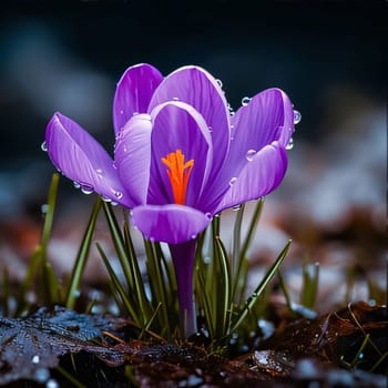 Purple crocus growing in the middle of the moss. Flowering flowers, a symbol of spring, new life. A joyful time of nature waking up to life.