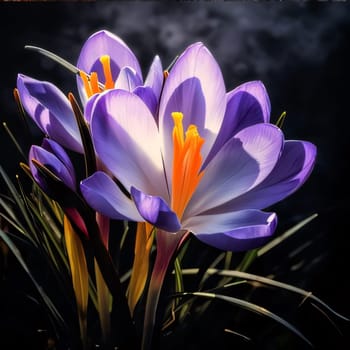 Purple crocus growing in the middle of the moss. Flowering flowers, a symbol of spring, new life. A joyful time of nature waking up to life.