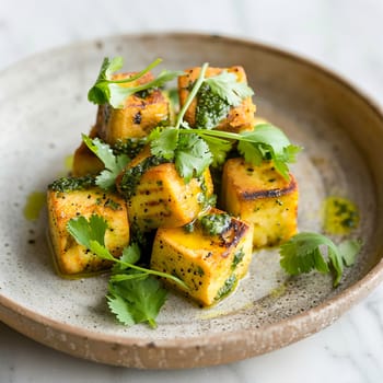 A dish of traditional Indian paneer cheese, diced and fried with spices, garnished with fresh cilantro and pesto on a ceramic plate. AI