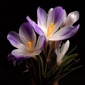 Purple and white crocuses in the forest. Flowering flowers, a symbol of spring, new life. A joyful time of nature waking up to life.