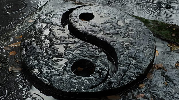An artifact resembling a black yin yang symbol rests on a damp surface, surrounded by soil and rocks. The monochrome pattern creates a striking contrast against the natural elements