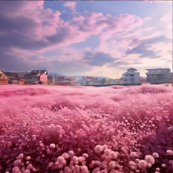 A flowery field, a field full of pink flowers, in the daytime, clouds in the sky. Flowering flowers, a symbol of spring, new life. A joyful time of nature waking up to life.