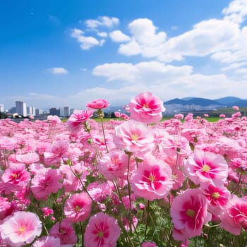 A flowery field, a field full of pink flowers, in the daytime, clouds in the sky. Flowering flowers, a symbol of spring, new life. A joyful time of nature waking up to life.