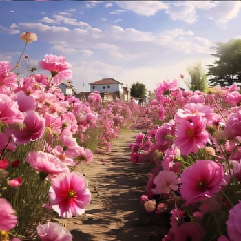 A flowery field, a field full of pink flowers, in the daytime, clouds in the sky. Flowering flowers, a symbol of spring, new life. A joyful time of nature waking up to life.