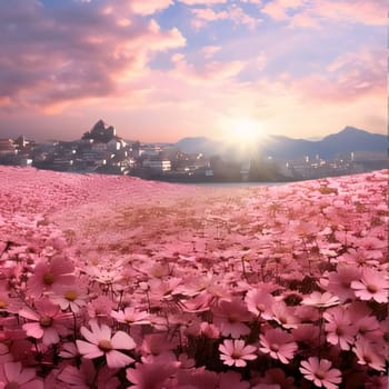 A flowery field, a field full of pink flowers, in the daytime, clouds in the sky. Flowering flowers, a symbol of spring, new life. A joyful time of nature waking up to life.