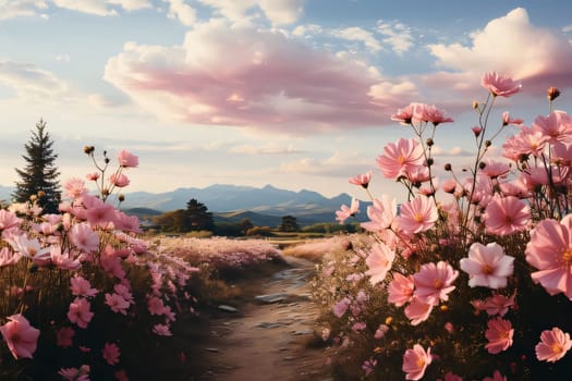 A flowery field, a field full of pink flowers, in the daytime, clouds in the sky. Flowering flowers, a symbol of spring, new life. A joyful time of nature waking up to life.