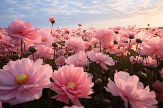 A flowery field, a field full of pink flowers, in the daytime, clouds in the sky. Flowering flowers, a symbol of spring, new life. A joyful time of nature waking up to life.