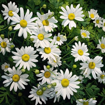 White daisies with green leaves in a field, close-up view. Flowering flowers, a symbol of spring, new life. A joyful time of nature waking up to life.