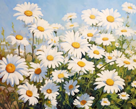White daisies with green leaves in a field, close-up view. Flowering flowers, a symbol of spring, new life. A joyful time of nature waking up to life.