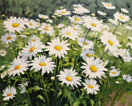 White daisies with green leaves in a field, close-up view. Flowering flowers, a symbol of spring, new life. A joyful time of nature waking up to life.