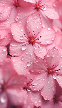Pink cherry blossoms with drops of water, rain, dew, pink petals close-up view. Flowering flowers, a symbol of spring, new life. A joyful time of nature waking up to life.
