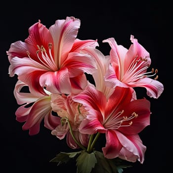 Pink lily on black background. Flowering flowers, a symbol of spring, new life. A joyful time of nature waking up to life.
