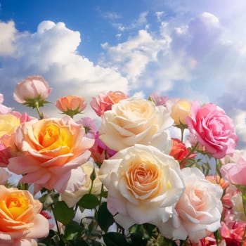 A bouquet of white and pink roses against the sky. Flowering flowers, a symbol of spring, new life. A joyful time of nature waking up to life.