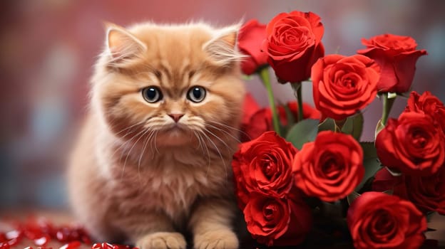 Tiny red kitten sitting next to a bouquet of red roses smudged background. Flowering flowers, a symbol of spring, new life. A joyful time of nature waking up to life.